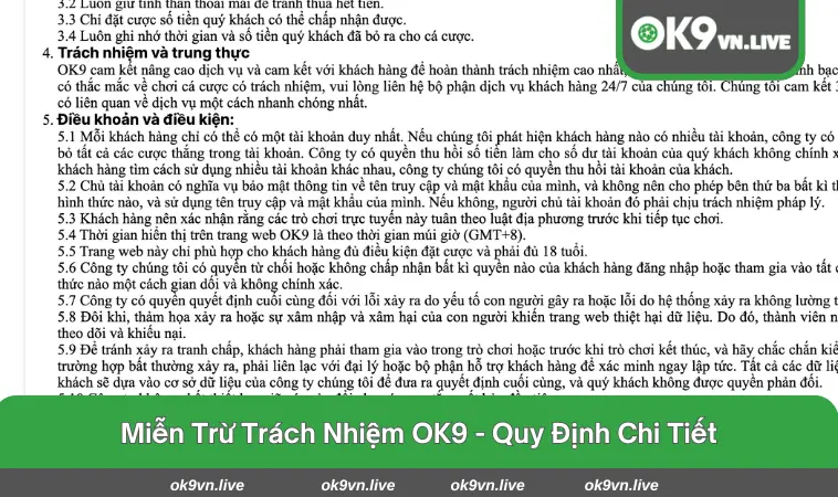 Tổng hợp nội dung trong chính sách miễn trừ trách nhiệm tại OK9
