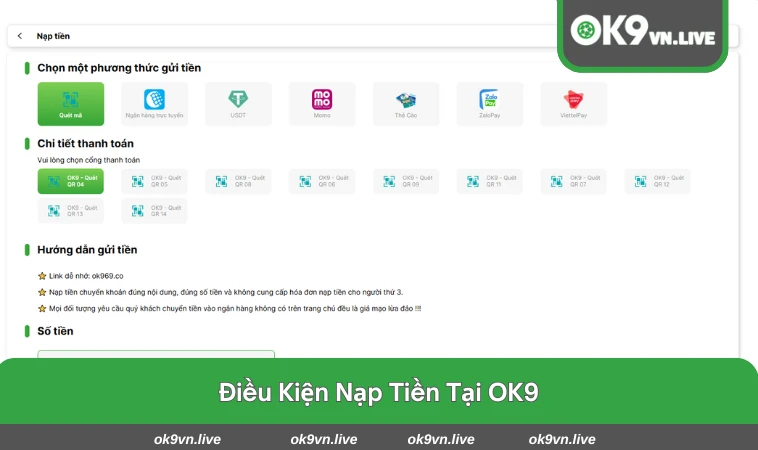 Giao diện xác minh và giới hạn nạp tiền trên hệ thống OK9