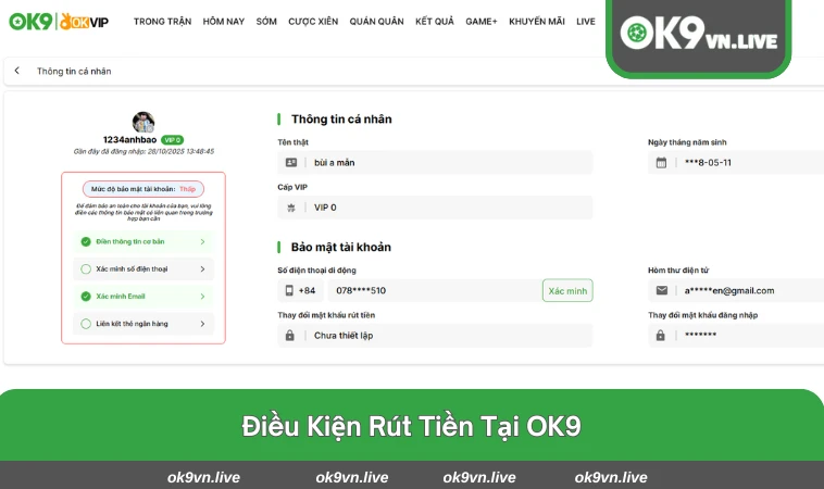 Giao diện rút tiền trên trang chủ OK9